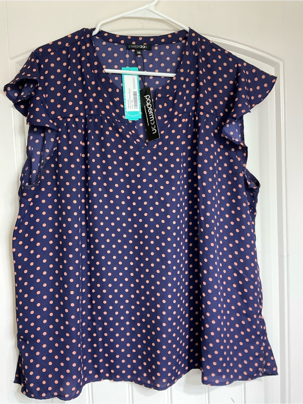 NWT Papermoon Navy & Pink Polka Dot Flutter Sleeve Blouse Size XXL - Picture 2 of 8